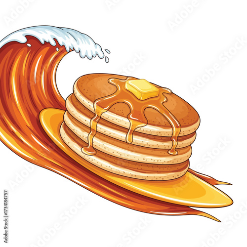 Vector illustration of stack of pancakes with butter and syrup on a surfboard riding a wave, breakfast and surfing concept