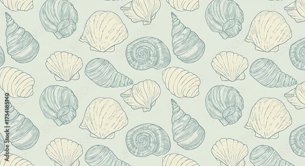Seamless pattern of seashells decorative illustration on a light background