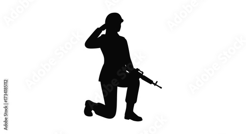 Kneeling soldier with rifle saluting a respectful gesture silhouette