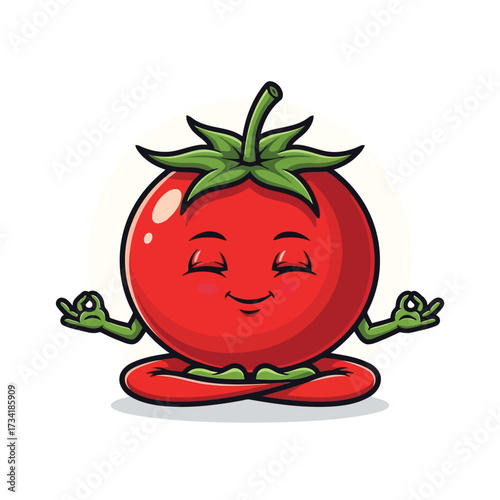 Vector illustration of calm cartoon tomato character meditating in lotus position with eyes closed