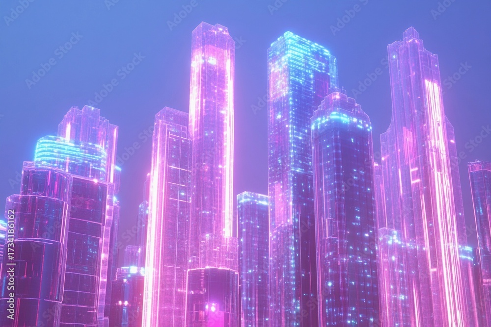 Obraz premium Holographic cityscape featuring towering glass skyscrapers illuminated in a futuristic urban setting