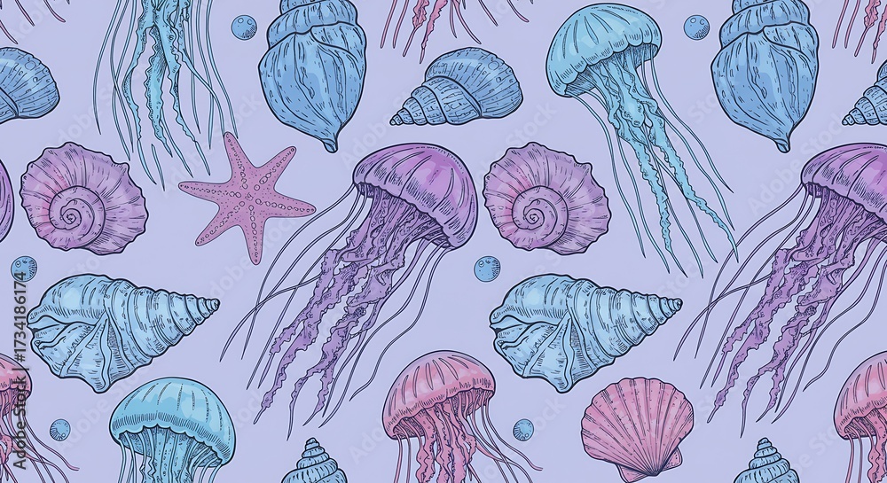 Seamless underwater pattern jellyfish seashells starfish marine life design