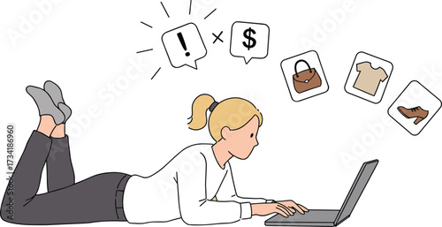 Woman lying on floor shopping online, using laptop to browse fashion items, e-commerce purchase, online deals, digital retail and internet shopping lifestyle illustration