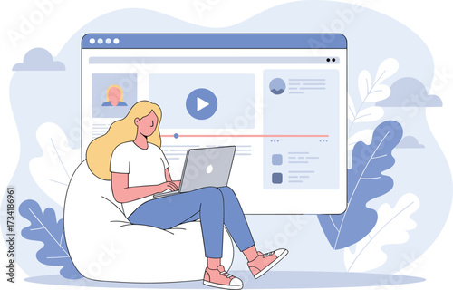 Young woman watching video content on laptop, relaxing on bean bag, digital streaming lifestyle, online entertainment, remote learning and modern multimedia experience illustration