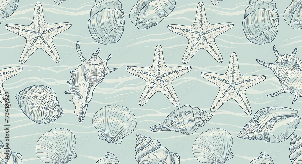 Seashells and starfish pattern on blue background for decorative designs