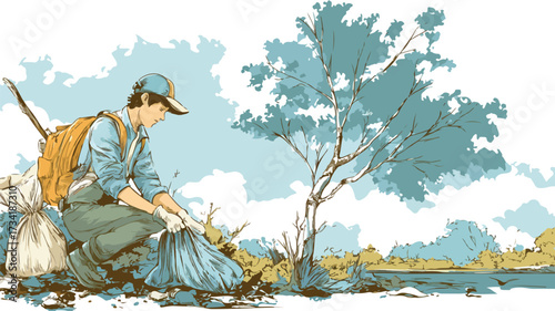 Teenage Boy Cleaning Eco-Friendly in Nature Illustration