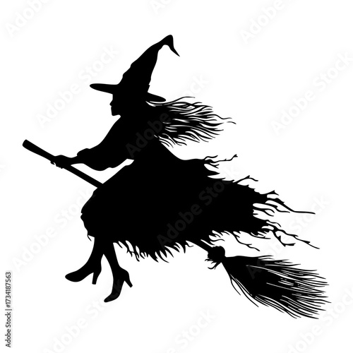Black silhouette of a flying witch on a broomstick wearing a pointy hat and tattered cloak isolated on white background