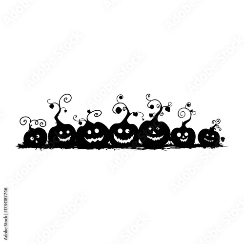 Silhouette of multiple Halloween pumpkins jack o lanterns with scary faces and curly stems isolated on white background