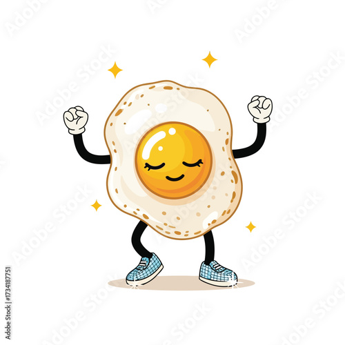 Vector illustration of a happy cartoon fried egg character with arms and legs, wearing blue sneakers and sparkling with joy, isolated on a