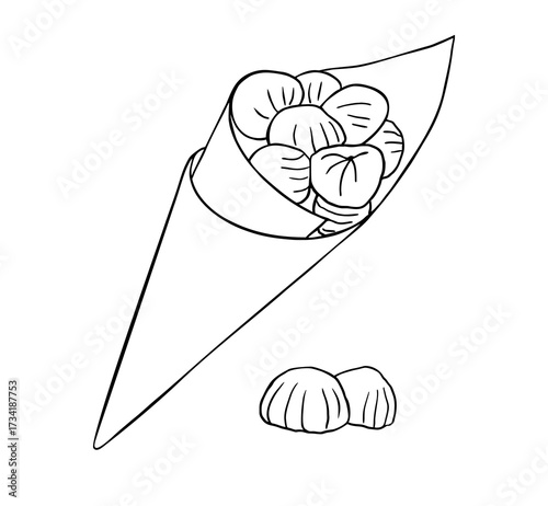 Roasting peeled chestnuts in a paper cone cup line art

