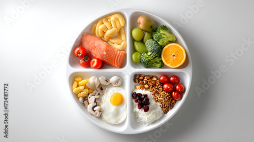 Balanced diet plate with healthy food isolated on white background