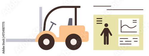 Forklift beside data panel showing human silhouette, chart, and text. Ideal for logistics, warehouse management, supply chain, productivity, analytics operations efficiency. Simple flat metaphor