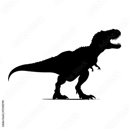 Black silhouette of a tyrannosaurus rex dinosaur standing on two legs isolated on transparent background