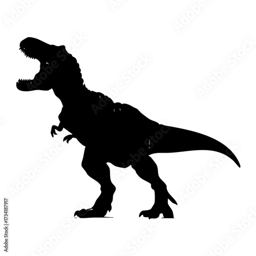 Black silhouette of a tyrannosaurus rex dinosaur standing on two legs isolated on transparent background