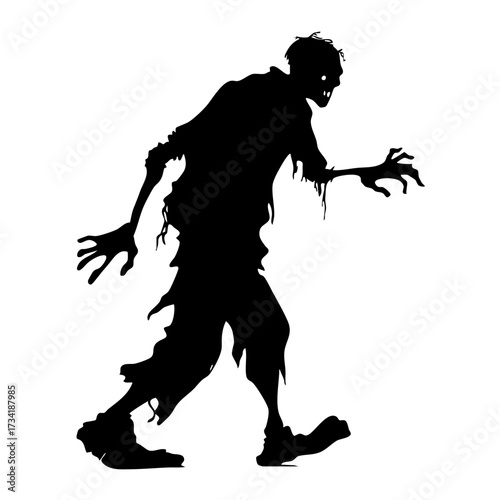 Black silhouette of a zombie walking with outstretched arms and ragged clothes isolated on transparent background