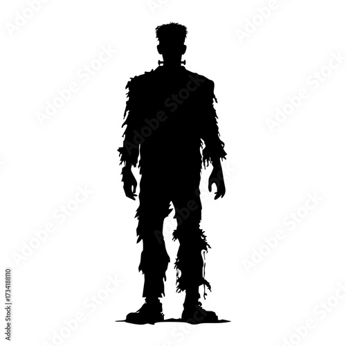 Black silhouette of Frankenstein monster standing upright isolated on transparent background