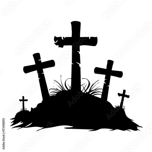 Black silhouette of graveyard with three crosses on mounds isolated on transparent background