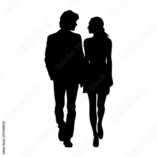 Black silhouette of romantic couple walking and holding hands isolated on transparent background