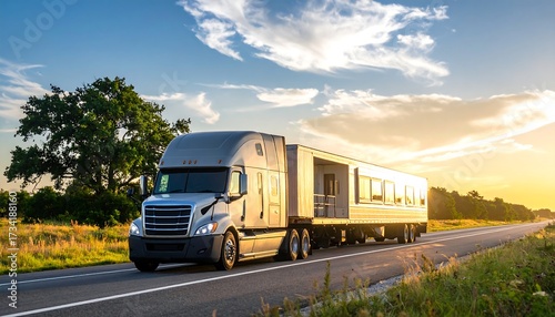 Semi-truck on highway at sunset