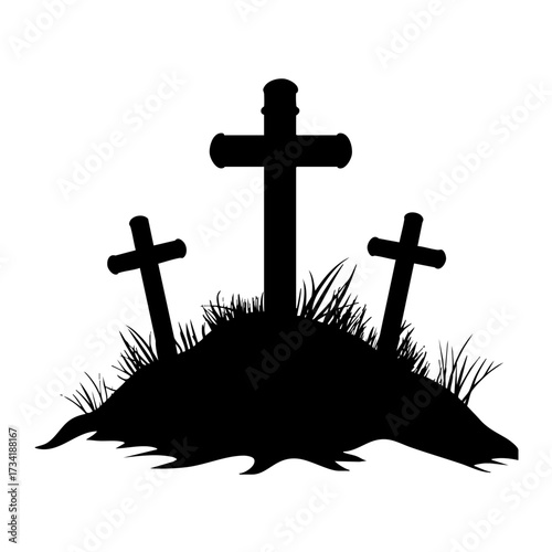 Black silhouette of graveyard with three crosses on mounds isolated on transparent background