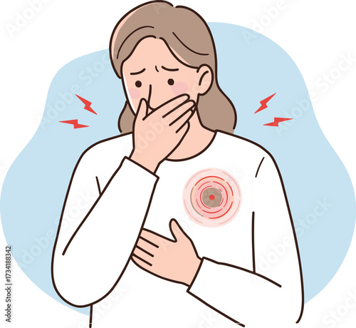 Sick woman suffering chest pain, heart attack or breathing difficulty symptoms, emergency health problem illustration, female holding chest feeling discomfort, medical warning concept