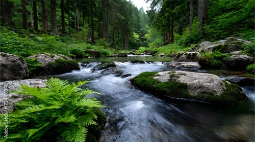 A tranquil forest stream meandering through a lush, green landscape filled with moss-covered rocks and vibrant ferns
