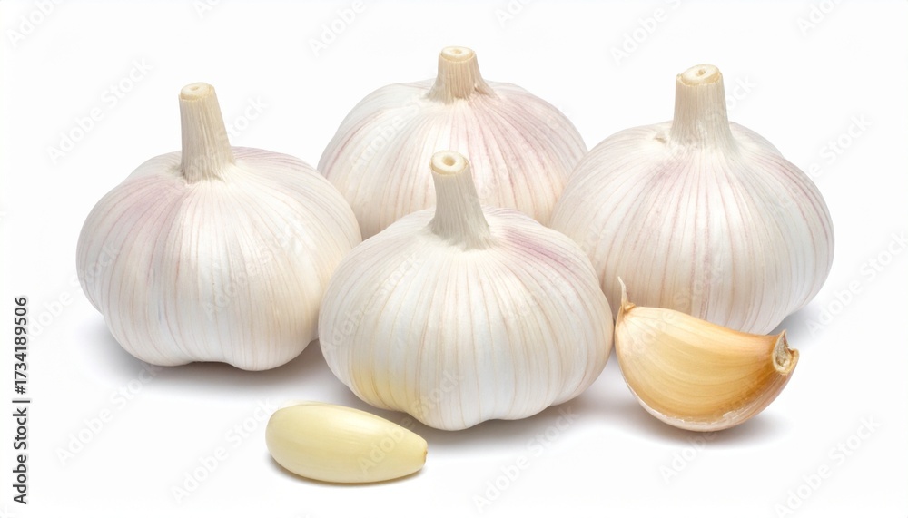 Obraz premium Three garlic bulbs and four separated cloves on white surface—evoking pungency, texture, and the earthy choreography of flavor, tradition, and culinary simplicity.