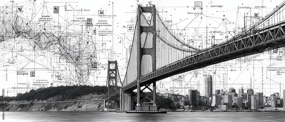 Fototapeta premium Iconic bridge and cityscape, blending architecture and design elements in a monochrome composition