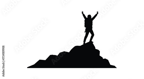 Person with arms raised standing atop a rocky peak silhouette