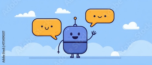 Friendly Conversational Machine Character with Speech Bubbles in a Bright Blue Sky Setting