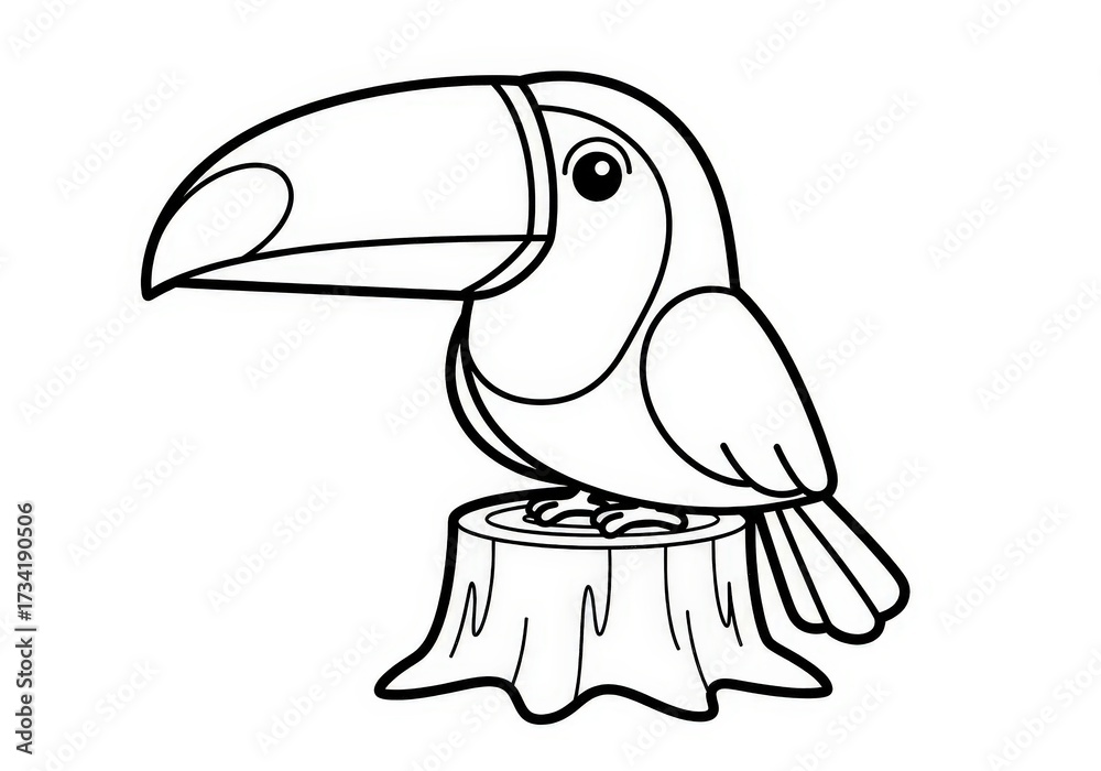 Fototapeta premium Hand-drawn Toucan Sitting on Tree Stump for Children's Coloring Activity or Illustration