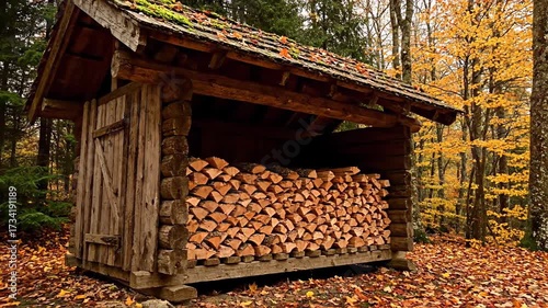 Charming rustic woodshed in an autumn forest with neatly stacked firewood, golden leaves carpeting the ground and a peaceful rural landscape evoking cozy seasonal warmth
