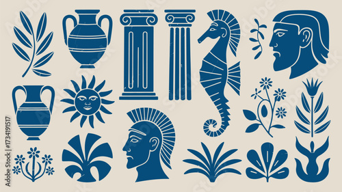 Blue minimalist vector collection featuring ancient greek mythology and flora for decorative design silhouette