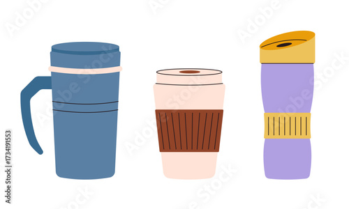 Thermos mugs. Reusable cups, thermo mug and tumblers with cover. Camping and travel gear. Vector illustration