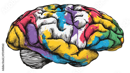 Vibrant Human Brain with Colorful Paint Strokes on White Background