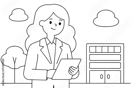 Cartoon businesswoman with tablet in front of building and trees with clouds female