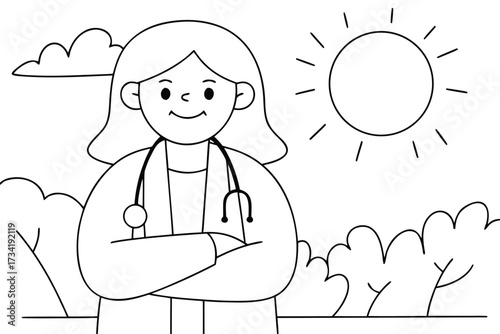 Cartoon doctor woman with stethoscope and crossed arms outdoors with sun and clouds female medical