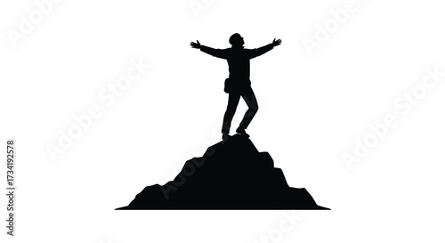 A joyful figure with arms outstretched stands atop a rocky peak silhouette