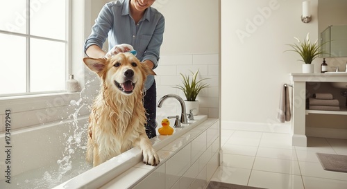 Dog enjoys a bath in a bright bathroom with a person washing it and splashing water around during the day