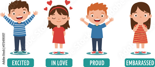 Cartoon kids expressing emotions excited, in love, proud, embarrassed, emotional learning illustration, children psychology, education design, feelings, character, expression, vector art