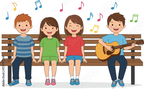 Group of happy children sitting on wooden bench outdoors, smiling, singing songs with guitar, colorful music notes floating around joyfully