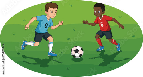 Two young boys playing soccer on grassy field, football game activity, children sports competition, outdoor teamwork, fun exercise, youth physical education