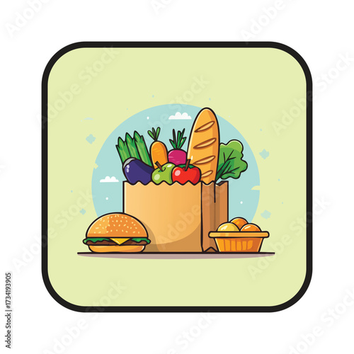 Colorful Grocery Bag Illustration Displaying Fresh Food Items and Ready Made Burger