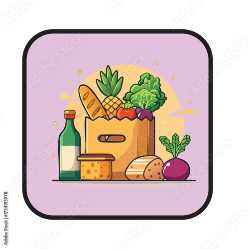Vibrant vector illustration showcasing healthy groceries in a bag against soft background