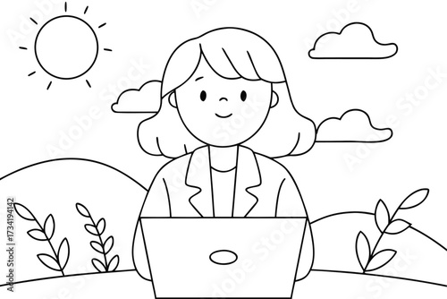 Cartoon woman working on a laptop outdoors with sun and clouds girl computer