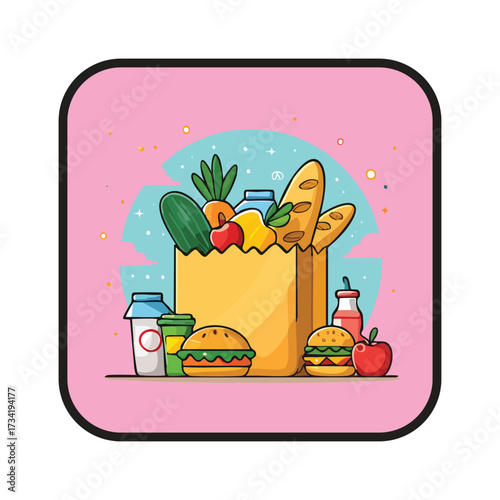 A vibrant cartoon illustration showcasing a grocery bag brimming with diverse food items vector