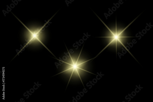 Golden sparkle lights, flashing lights, light effects, sunlight lens flare, glowing ray beams, sparkling starsicon on black background.