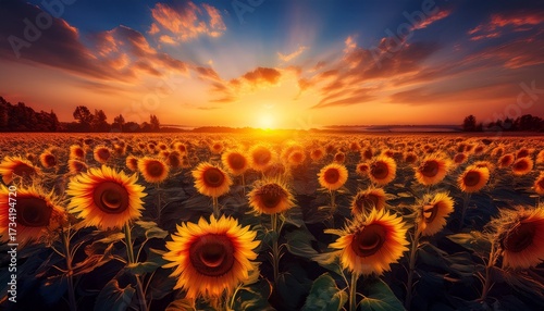 A breathtaking field of sunflowers glowing at sunset with golden yellow petals, vibrant blue and orange sky, peaceful countryside landscape, nature background, summer floral scenery, stock photo.