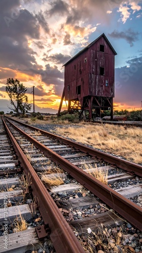 Wallpaper Mural Rusty red barn on train tracks at sunset Torontodigital.ca