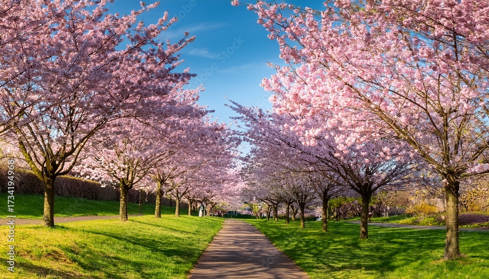 Fototapeta premium a path lined with blooming cherry blossom trees in a park on a bright sunny day time